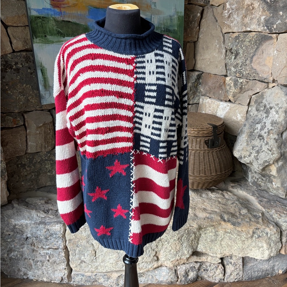 Vintage Marsh Landing USA Flag Turtleneck Sweater Oversized Patriotic